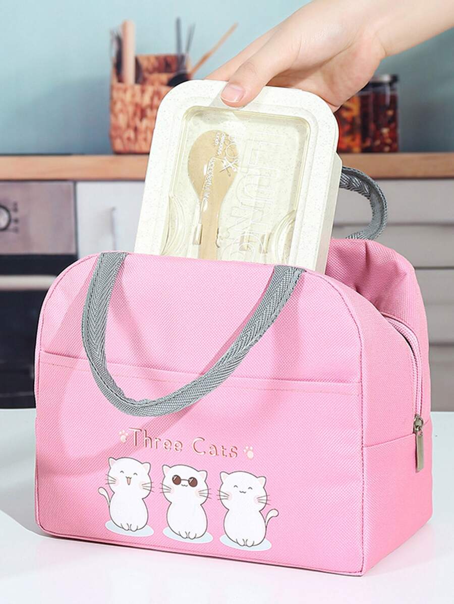 Cat & Letter Graphic Lunch Bag - Pink - View 1