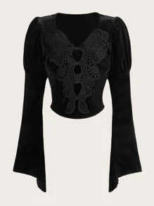 ROMWE Butterfly Appliques Velvet Tee - Black - View 1