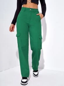 SHEIN EZwear 高腰翻蓋口袋工裝牛仔褲 - 綠色 - 查看 5