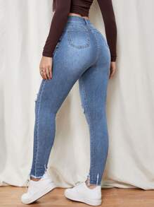 SHEIN Essnce Jeans ajustados con cremallera desgarro bajo crudo - Azul lavado medio - Ver 2
