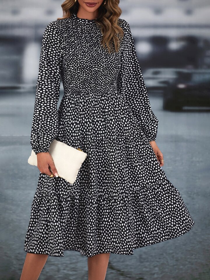 SHEIN LUNE Dalmatian Print Lantern Sleeve Ruffle Hem Dress SHEIN USA