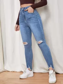 SHEIN Essnce Jeans ajustados con cremallera desgarro bajo crudo - Azul lavado medio - Ver 5