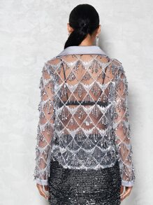 SHEIN BAE 聖誕流蘇邊前紐扣亮片襯衫不附胸罩 - 淺灰色 - 查看 2