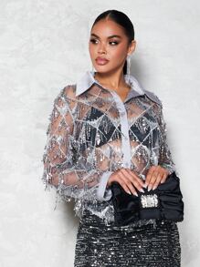 SHEIN BAE 聖誕流蘇邊前紐扣亮片襯衫不附胸罩 - 淺灰色 - 查看 4