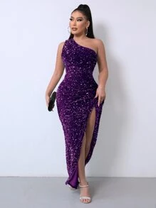 Joyfunear Asymmetrical Neck Split Thigh Sequin Dress Elegant Formal Evening Prom Wedding Guest Gown, For Graduation, Dinner Party Dress Spring - Purple - View 4