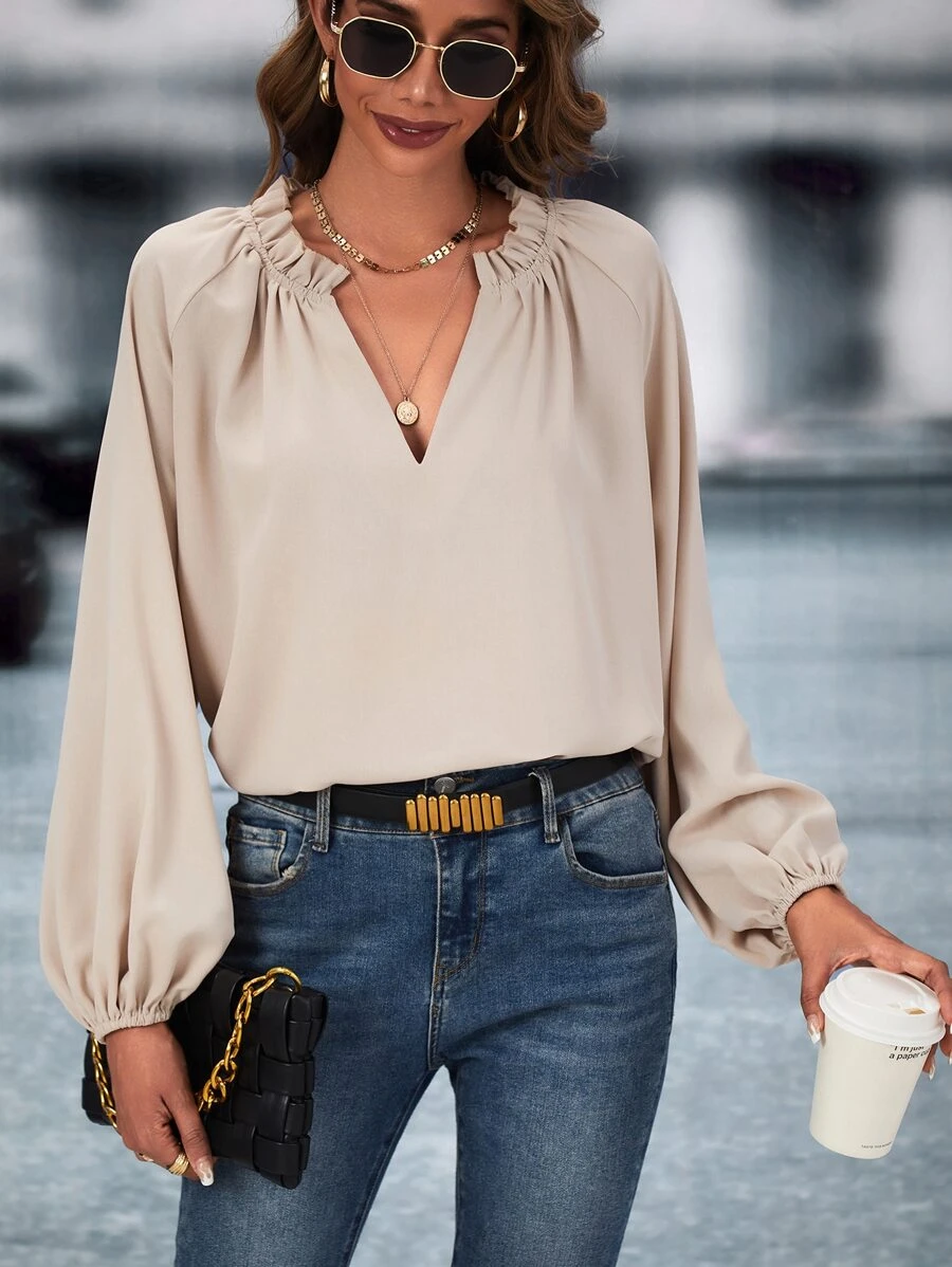 SHEIN LUNE Blusa de cuello notch de manga raglán - Albaricoque - Ver 1