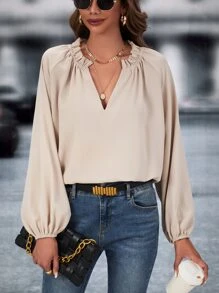 SHEIN LUNE Blusa de cuello notch de manga raglán - Albaricoque - Ver 4