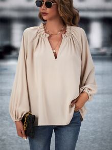 SHEIN LUNE Blusa de cuello notch de manga raglán - Albaricoque - Ver 5