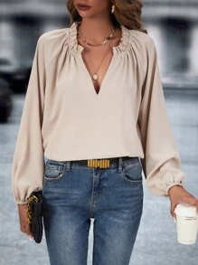 SHEIN LUNE Blusa de cuello notch de manga raglán - Albaricoque - Ver 6