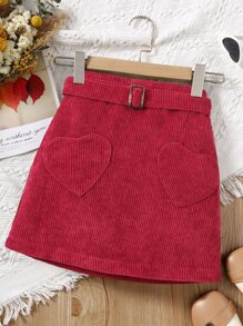 女孩愛心貼布腰帶燈芯絨半身裙