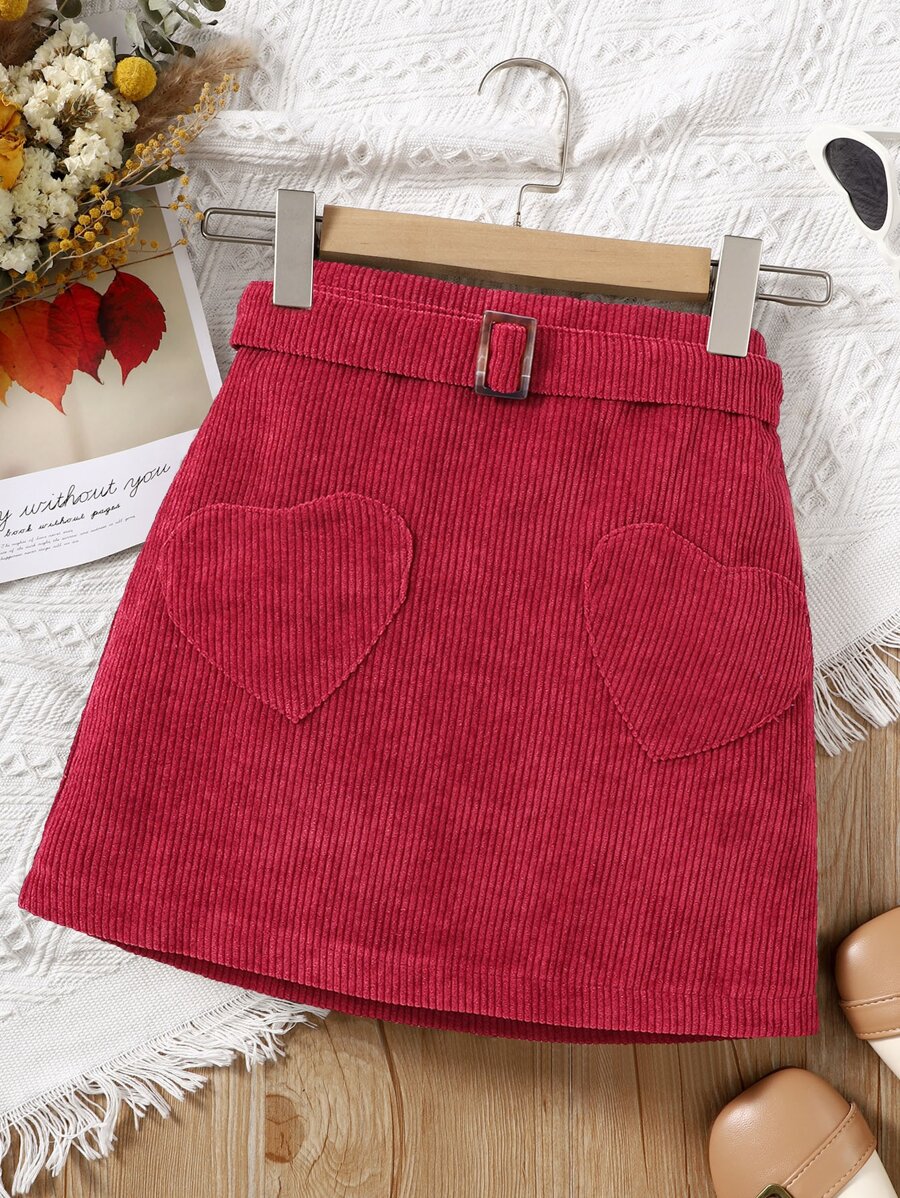 女孩愛心貼布腰帶燈芯絨半身裙