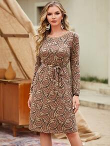 Paisley Print Belted Dress - Multicolor - View 5