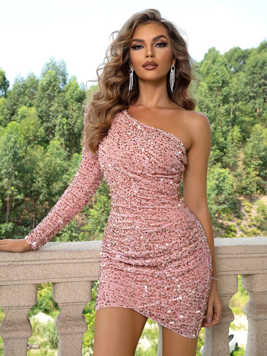 Joyfunear One Shoulder Sequin Wrap Bodycon Dress - Dusty Pink - View 1