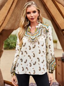 Paisley Print Notched Neck Blouse - Apricot - View 1