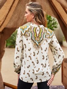 Paisley Print Notched Neck Blouse - Apricot - View 2