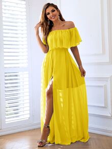 Joyfunear Off Shoulder Ruffle Trim Split Thigh Chiffon Formal Dress - Yellow - View 3