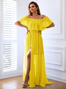 Joyfunear Off Shoulder Ruffle Trim Split Thigh Chiffon Formal Dress - Yellow - View 6