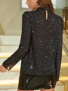 SHEIN BAE Mock Neck Star Print Puff Sleeve Blouse - Black - View 2