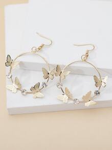 Rhinestone & Butterfly Decor Circle Drop Earrings - Yellow Gold - View 1