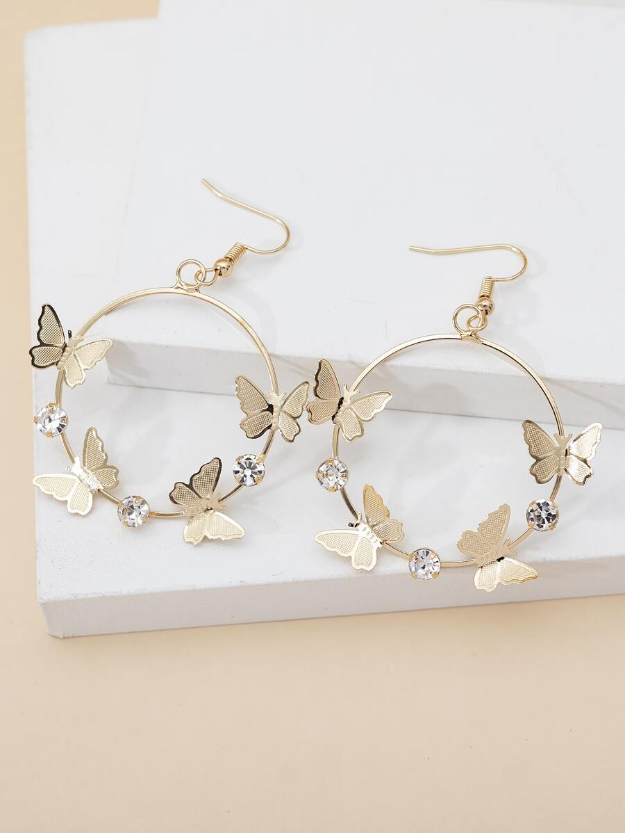 Rhinestone & Butterfly Decor Circle Drop Earrings - Yellow Gold - View 1