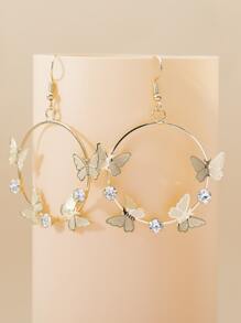 Rhinestone & Butterfly Decor Circle Drop Earrings - Yellow Gold - View 2