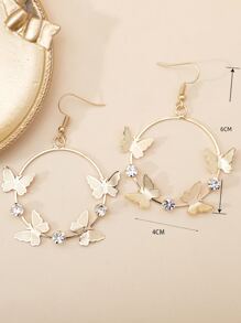 Rhinestone & Butterfly Decor Circle Drop Earrings - Yellow Gold - View 3