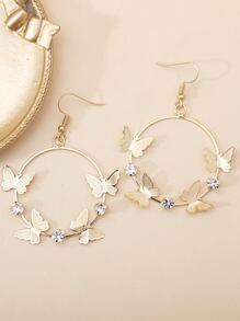 Rhinestone & Butterfly Decor Circle Drop Earrings - Yellow Gold - View 4