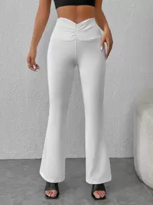 SHEIN PETITE Pantalones acampanados unicolor de cintura con fruncido - Blanco - Ver 1