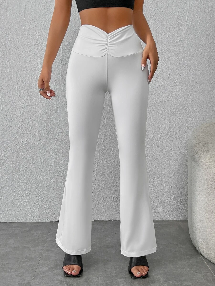 SHEIN PETITE Pantalones acampanados unicolor de cintura con fruncido - Blanco - Ver 1