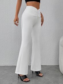 SHEIN PETITE Pantalones acampanados unicolor de cintura con fruncido - Blanco - Ver 4