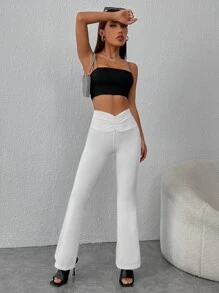 SHEIN PETITE Pantalones acampanados unicolor de cintura con fruncido - Blanco - Ver 5