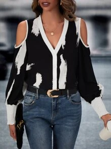 SHEIN LUNE Brush Print Cold Shoulder Blouse - Black - View 1