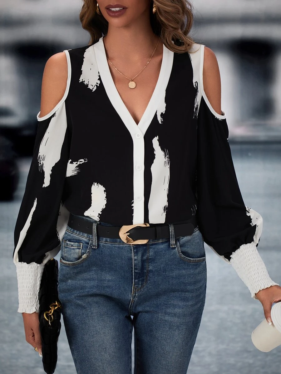 SHEIN LUNE Brush Print Cold Shoulder Blouse - Black - View 1