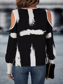 SHEIN LUNE Brush Print Cold Shoulder Blouse - Black - View 2