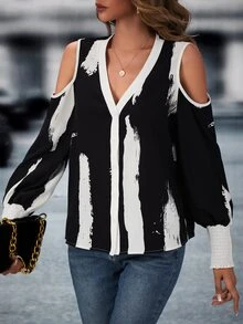 SHEIN LUNE Brush Print Cold Shoulder Blouse - Black - View 5