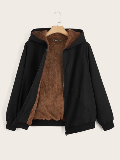 SHEIN EZwear معطف قبعة مبطن مزود بسحاب من الجاكيت الداب براعم الدبوس شتوي