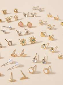 30pairs Rhinestone & Flower Decor Stud Earrings - Multicolor - View 4