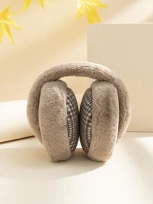 1 件格紋可折疊毛絨保暖耳罩 - 卡其色 - 查看 2