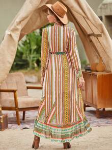 Vestido con estampado geométrico de rayas de cuello cruzado con nudo lateral asimétrico bajo con fruncido - Multicolor - Ver 2