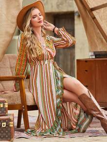 Vestido con estampado geométrico de rayas de cuello cruzado con nudo lateral asimétrico bajo con fruncido - Multicolor - Ver 3