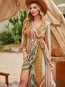 Vestido con estampado geométrico de rayas de cuello cruzado con nudo lateral asimétrico bajo con fruncido - Multicolor - Ver 5