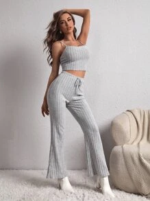 SHEIN EZwear 素色吊帶短上衣和前打結長褲 - 淺灰色 - 查看 5