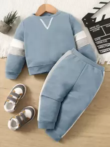 SHEIN Baby Boy Color Blocking Sweatshirt And Pants Set, Casual And Simple, Suitable For Autumn And Winter - Dusty Blue - View 1