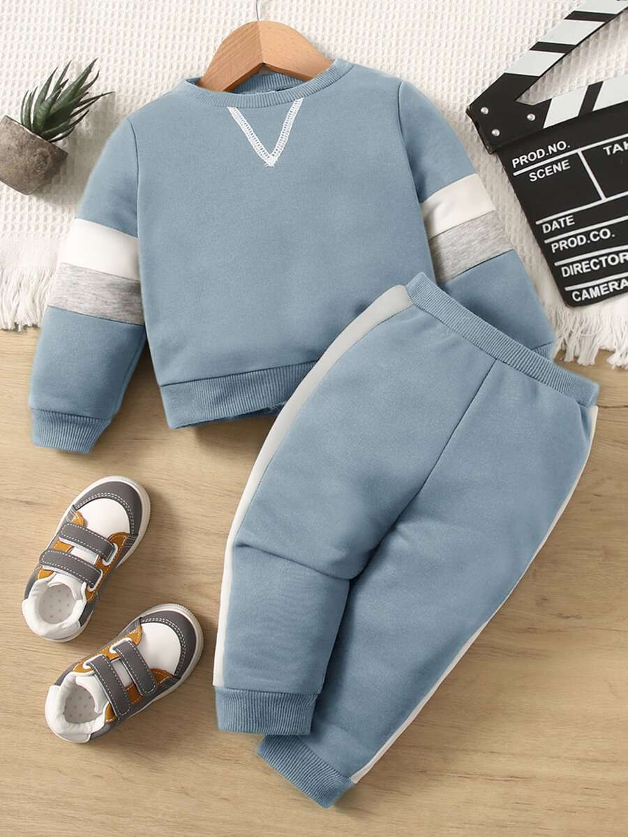 SHEIN Baby Boy Color Blocking Sweatshirt And Pants Set, Casual And Simple, Suitable For Autumn And Winter - Dusty Blue - View 1