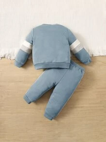 SHEIN Baby Boy Color Blocking Sweatshirt And Pants Set, Casual And Simple, Suitable For Autumn And Winter - Dusty Blue - View 2