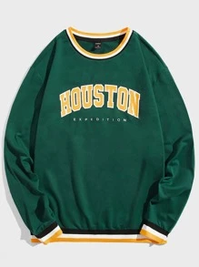 Manfinity VCAY 宽松男式字母图案条纹装饰运动衫 - 墨綠色 - 查看 1