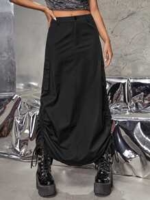 SHEIN ICON Flap Pocket Drawstring Side Cargo Skirt - Black - View 1