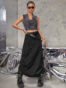 SHEIN ICON Flap Pocket Drawstring Side Cargo Skirt - Black - View 3