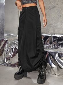 SHEIN ICON Flap Pocket Drawstring Side Cargo Skirt - Black - View 4