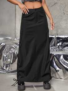 SHEIN ICON Flap Pocket Drawstring Side Cargo Skirt - Black - View 6